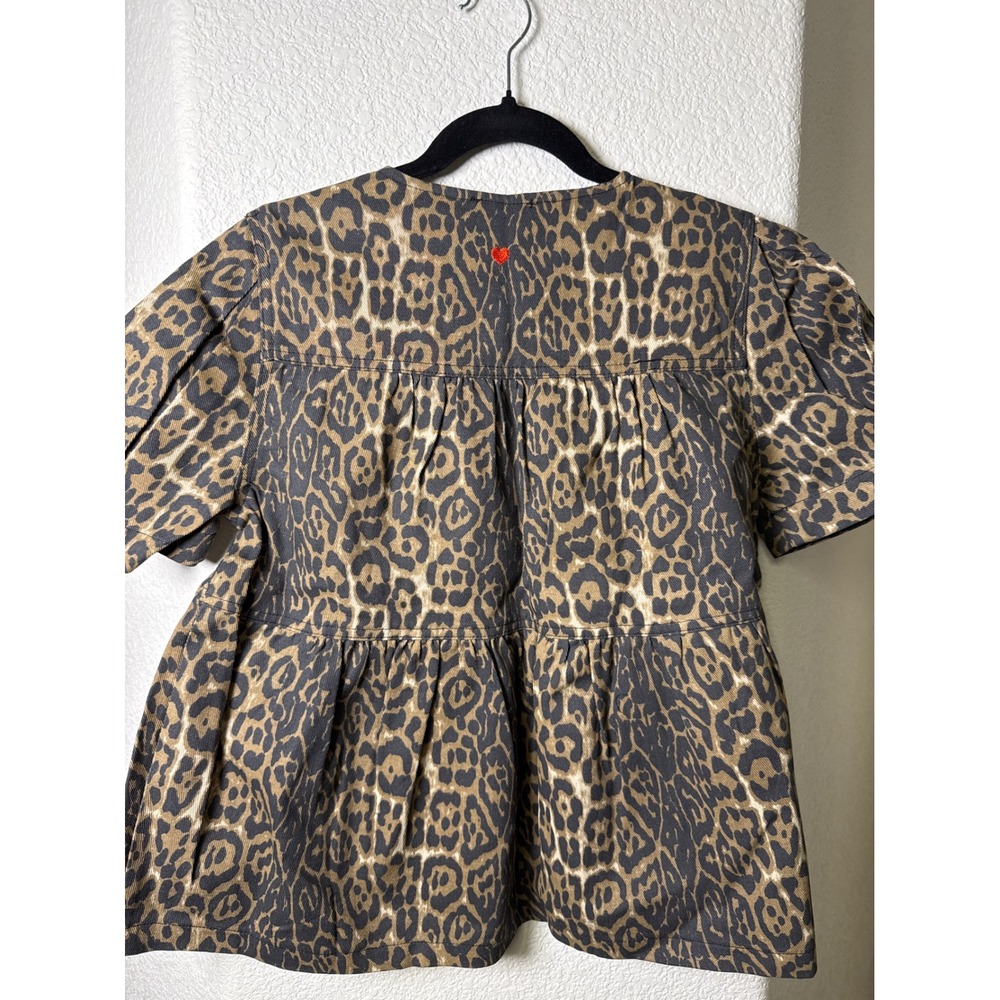 Gigio USA Tiered Leopard Print Babydoll Puff Sleeve Tie Front Top V-neck Small - Picture 2 of 8
